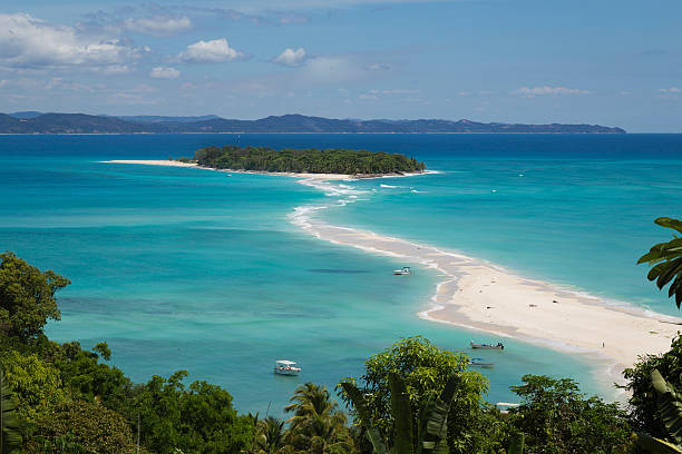 Turquoise blue water on a tropical island beach in Nosy Be Madagascar, Africa.